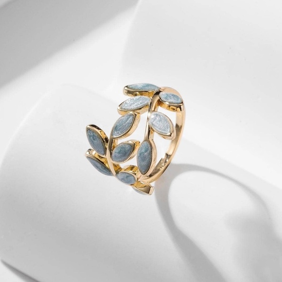 Curated Stash Jewelry - NEW Leaf Design Cuff Ring Gold Blue Adjustable Boho Festival Leaves Botany Plant
